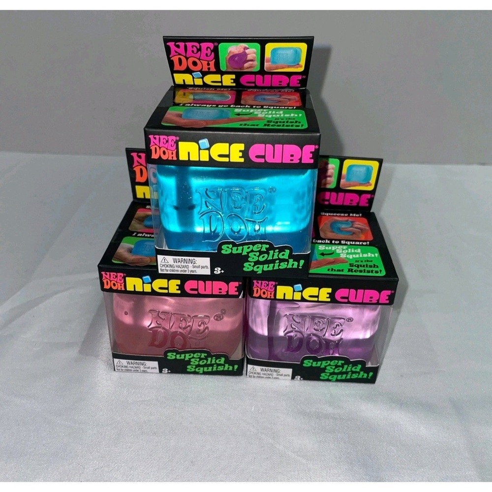 NeeDoh Nice Cube Set of 3 Schylling Solid Squish Fidget Toys Blue Pink Purple
